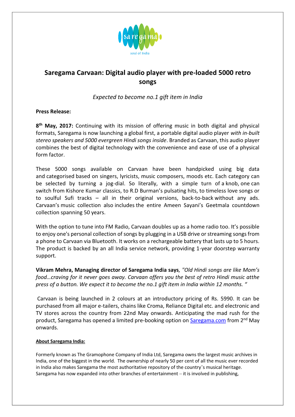 Saregama Carvaan: Digital Audio Player with Pre-Loaded 5000 Retro Songs
