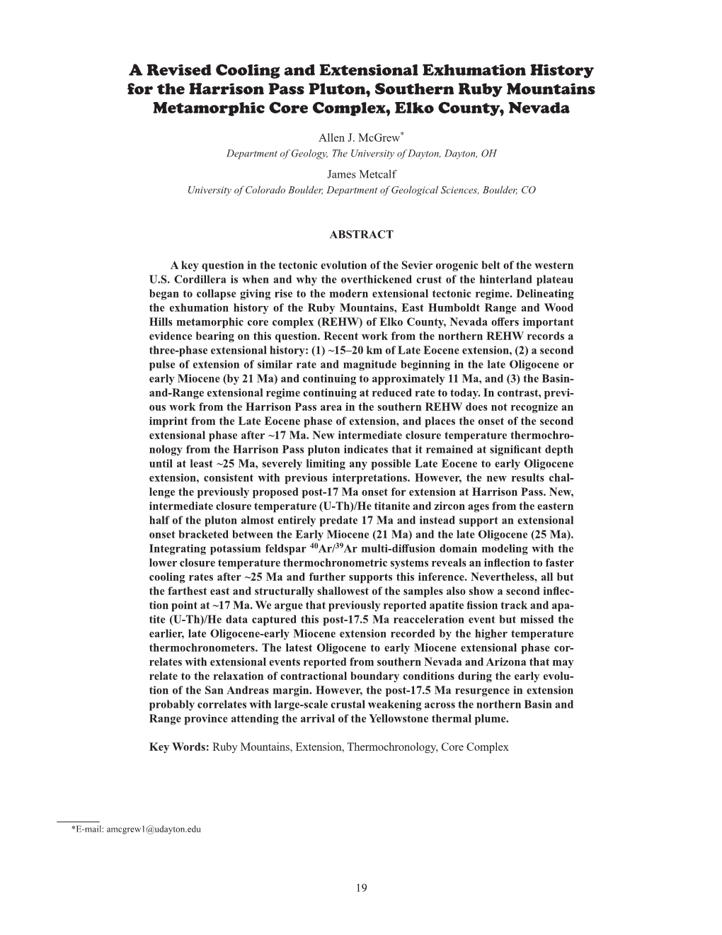 A Revised Cooling and Extensional Exhumation History for the Harrison Pass Pluton, Southern Ruby Mountains Metamorphic Core Complex, Elko County, Nevada