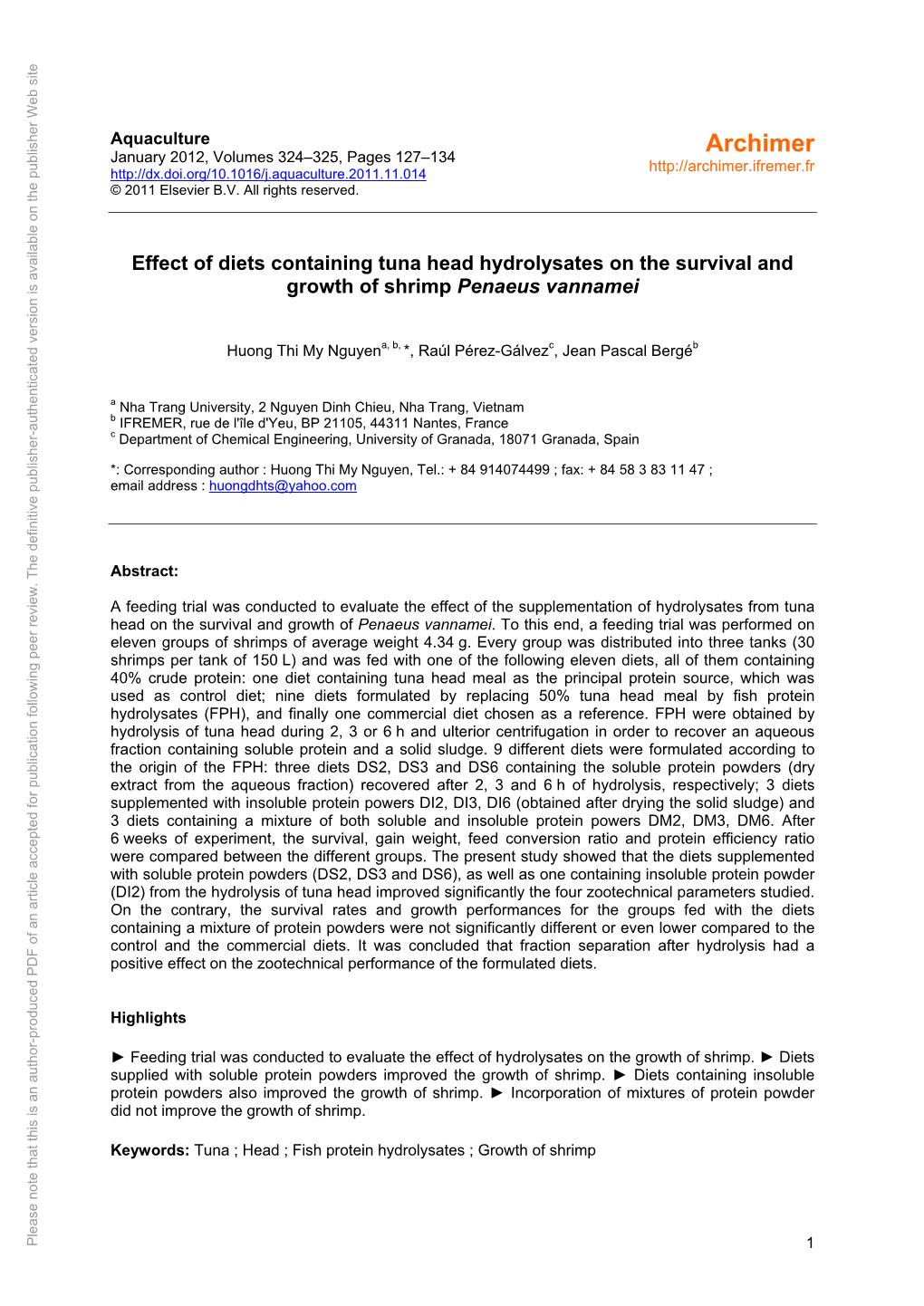 Effect of Diets Containing Tuna Head Hydrolysates on the Survival And