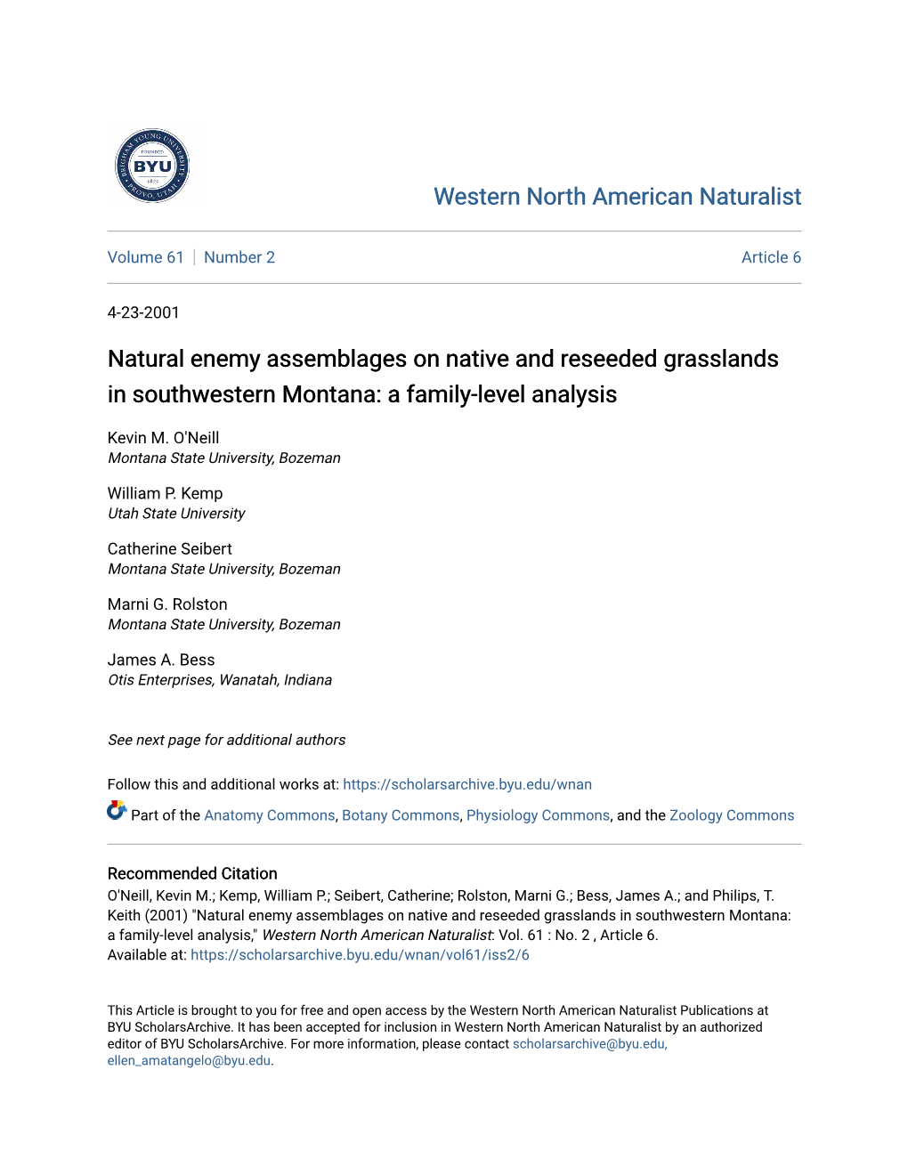 Natural Enemy Assemblages on Native and Reseeded Grasslands in Southwestern Montana: a Family-Level Analysis