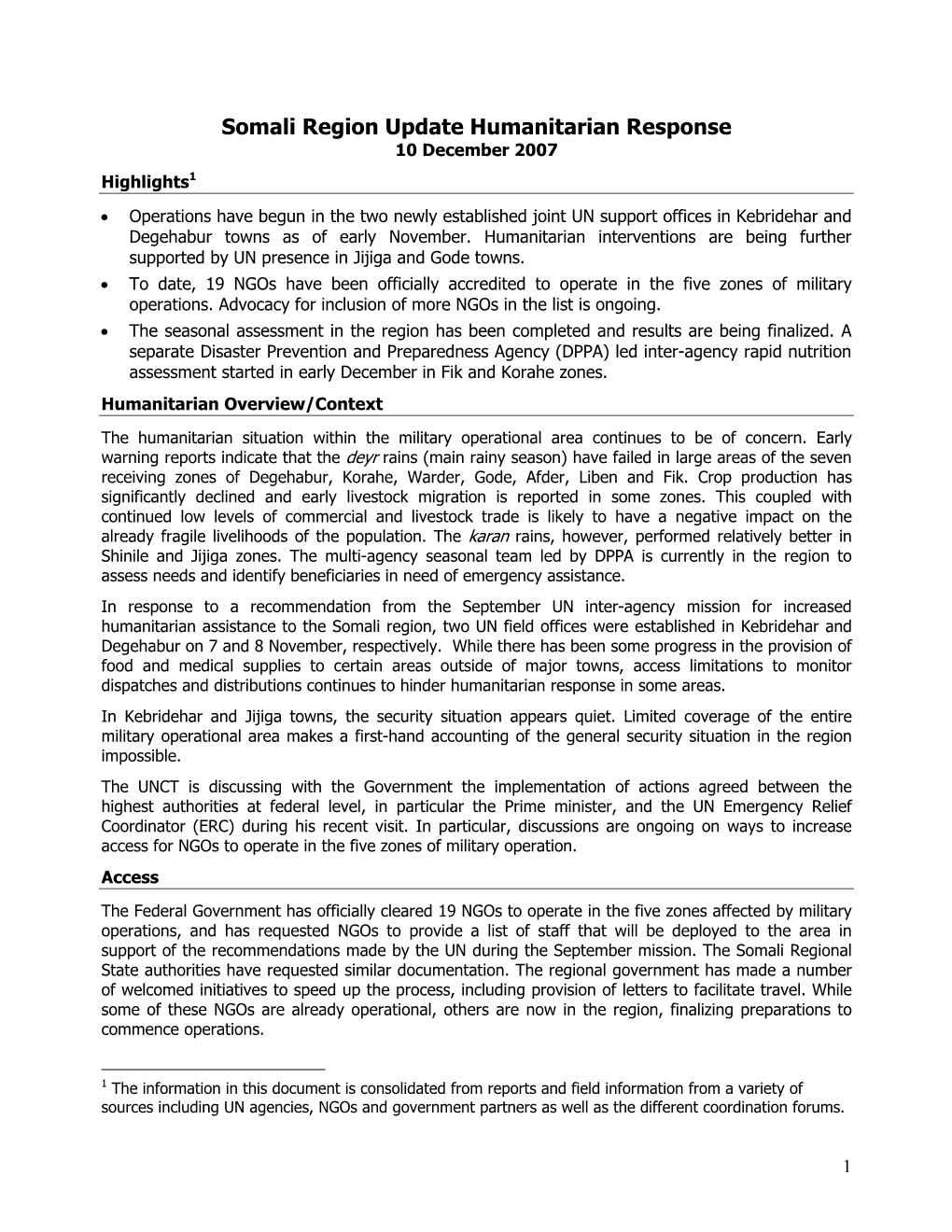 Somali Region Update Humanitarian Response 10 December 2007 Highlights1