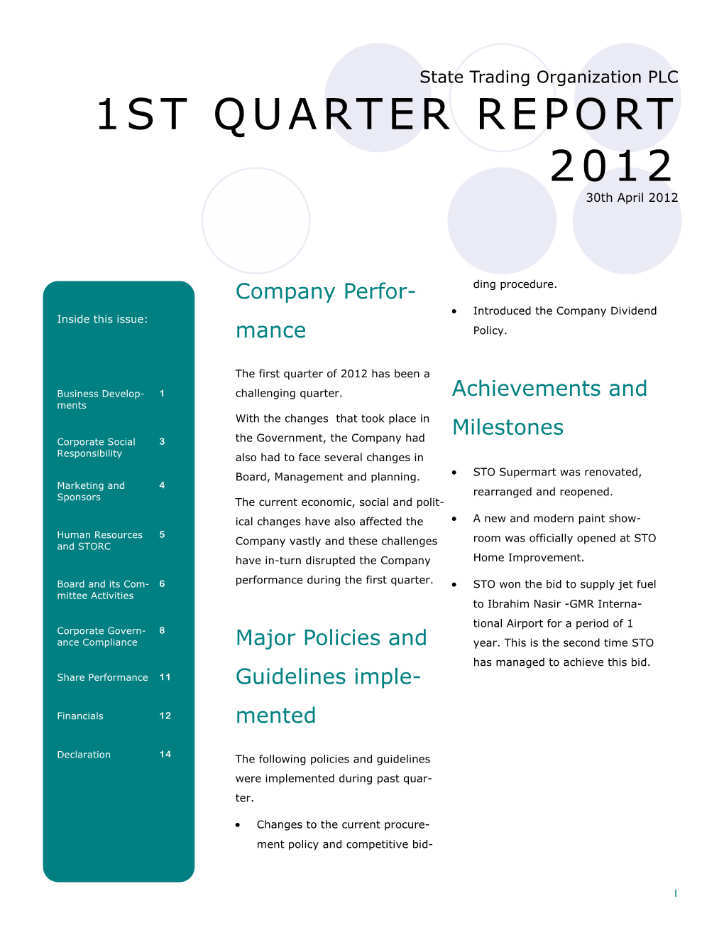 Quarterly Reports for Quarter 1 of Year 2012