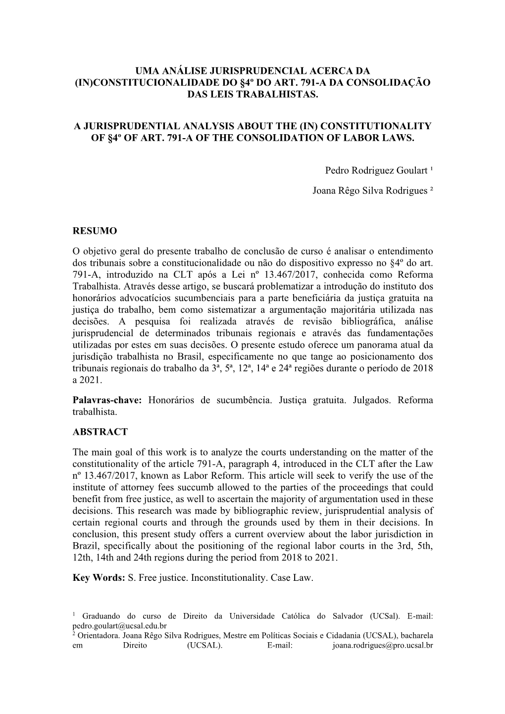 (In)Constitucionalidade Do §4º Do Art. 791-A Da Consolidação Das Leis Trabalhistas