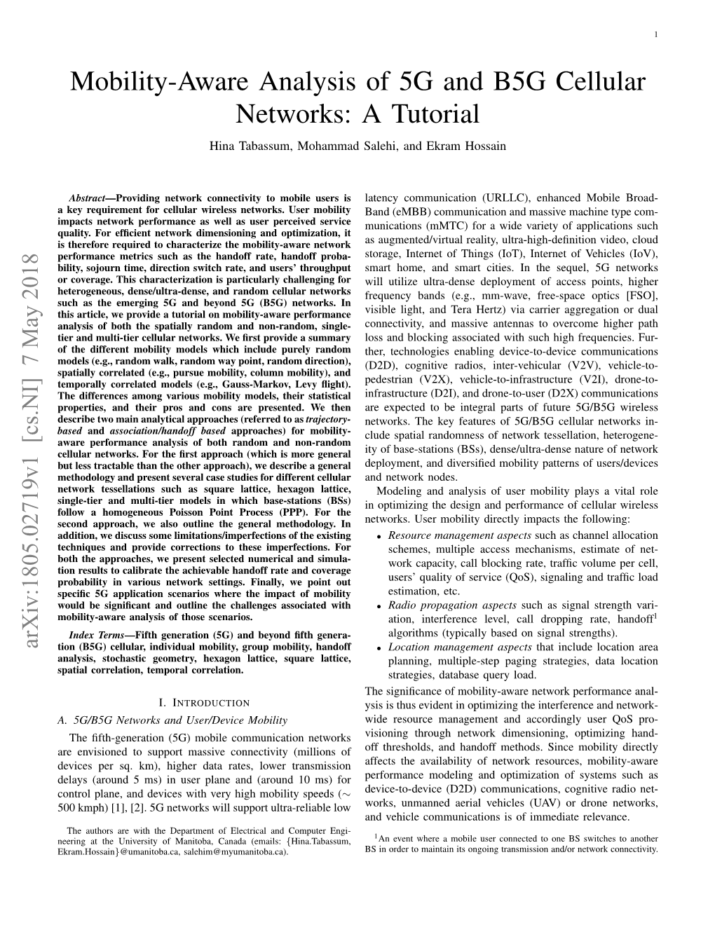 Mobility-Aware Analysis of 5G and B5G Cellular Networks: a Tutorial Hina Tabassum, Mohammad Salehi, and Ekram Hossain