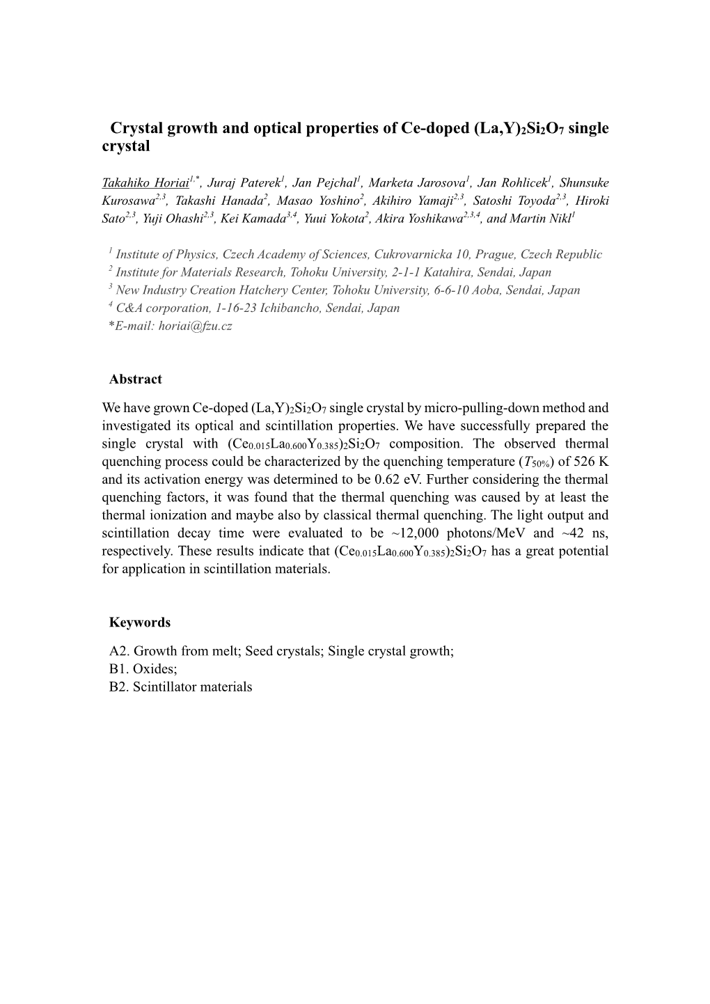 Crystal Growth and Optical Properties of Ce-Doped (La,Y)2Si2o7 Single Crystal