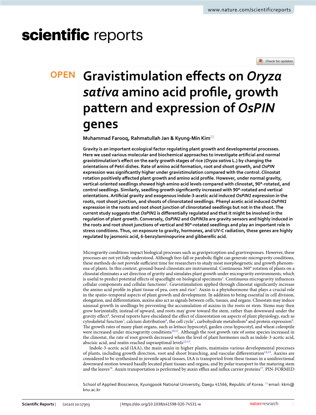 Gravistimulation Effects on Oryza Sativa Amino Acid Profile, Growth Pattern and Expression of Ospin Genes