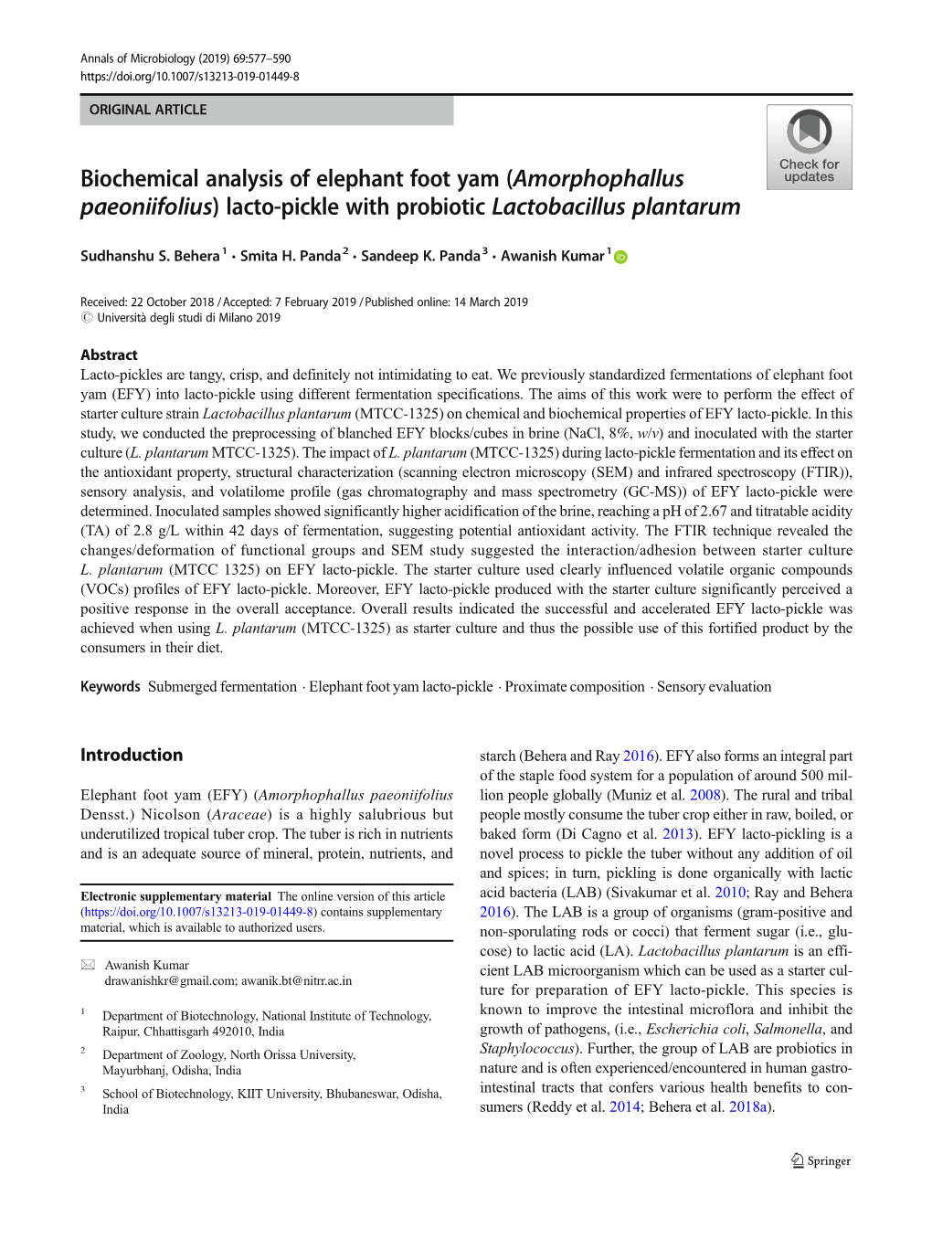 Biochemical Analysis of Elephant Foot Yam (Amorphophallus Paeoniifolius) Lacto-Pickle with Probiotic Lactobacillus Plantarum