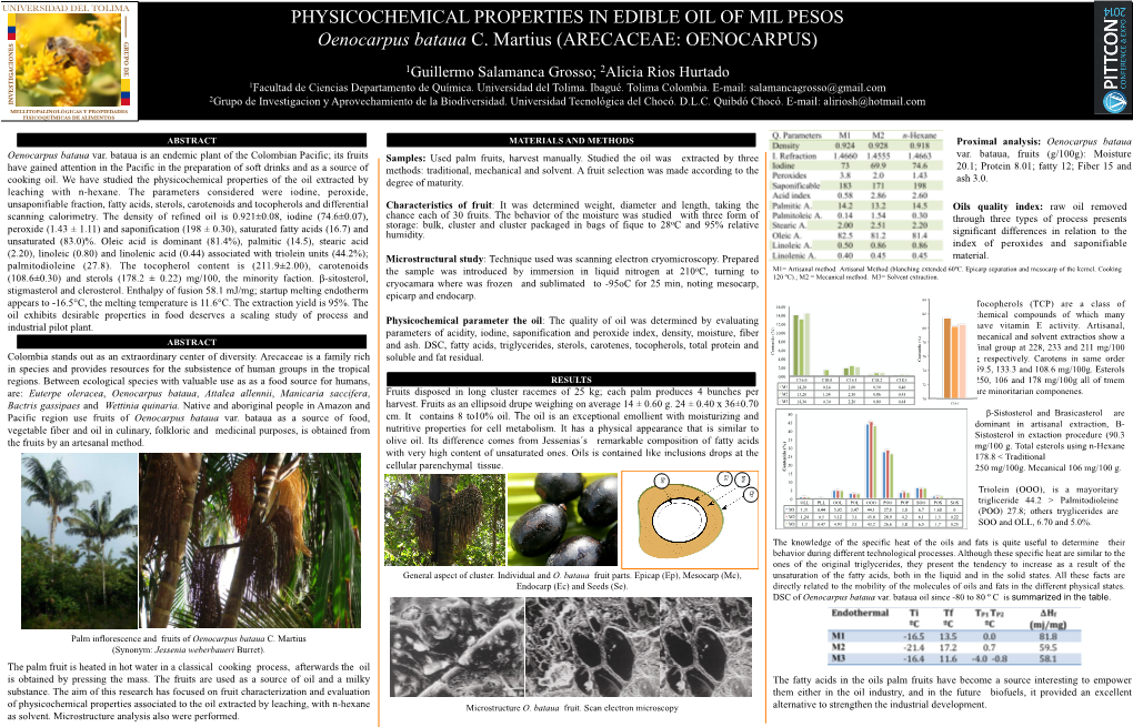 PHYSICOCHEMICAL PROPERTIES in EDIBLE OIL of MIL PESOS GRUPO DE Oenocarpus Bataua C