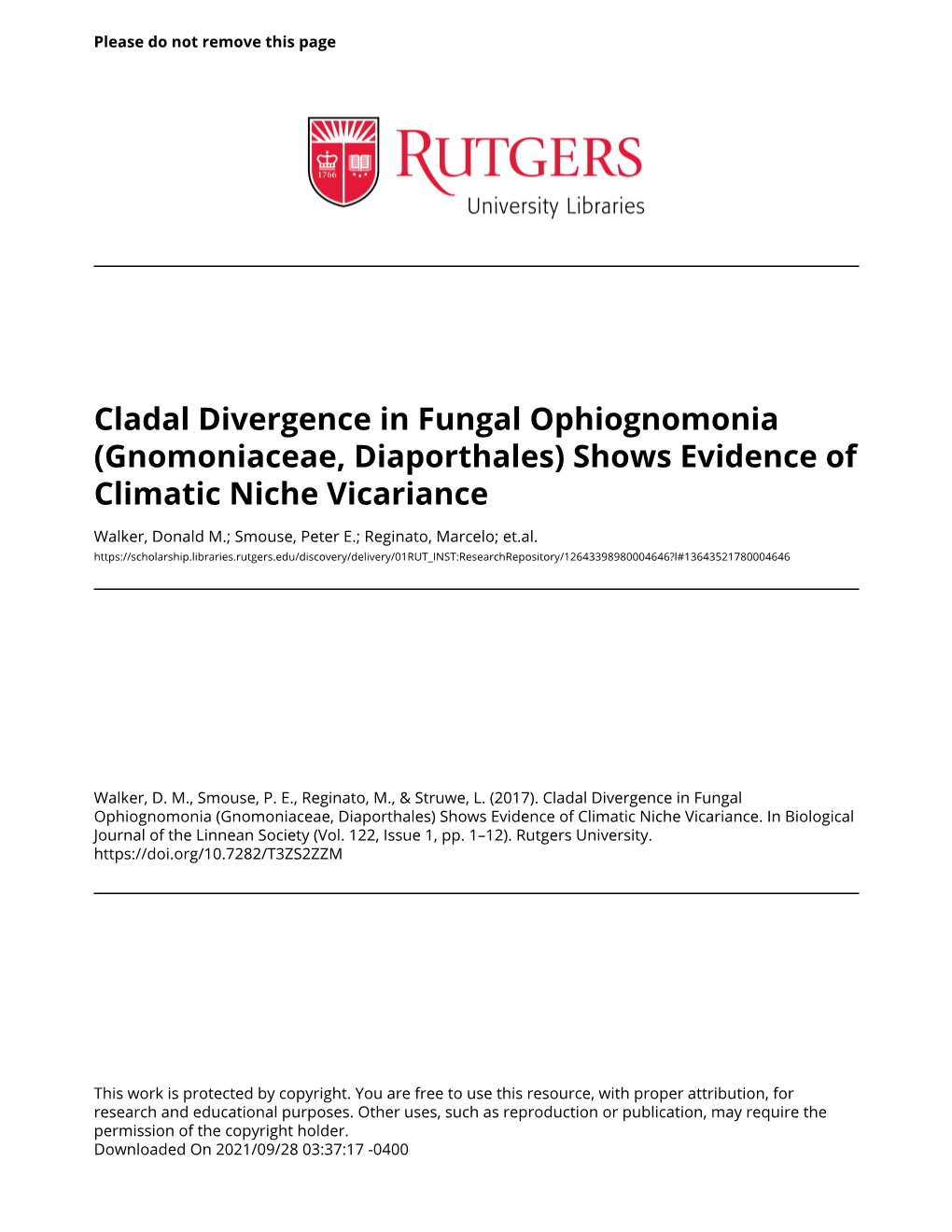 Cladal Divergence in Fungal Ophiognomonia (Gnomoniaceae, Diaporthales) Shows Evidence of Climatic Niche Vicariance