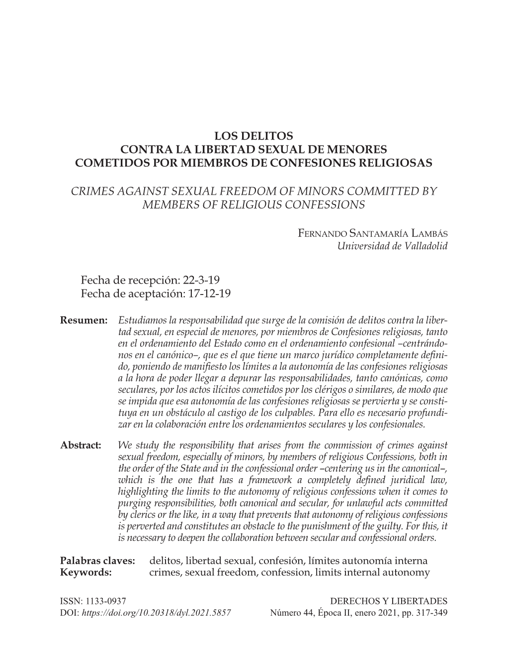 Los Delitos Contra La Libertad Sexual De Menores Cometidos Por Miembros De Confesiones Religiosas