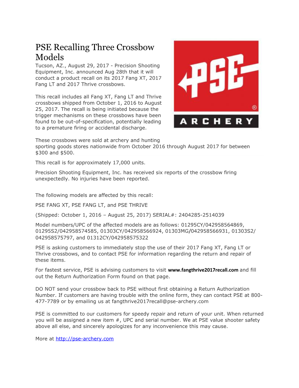PSE Recalling Three Crossbow Models
