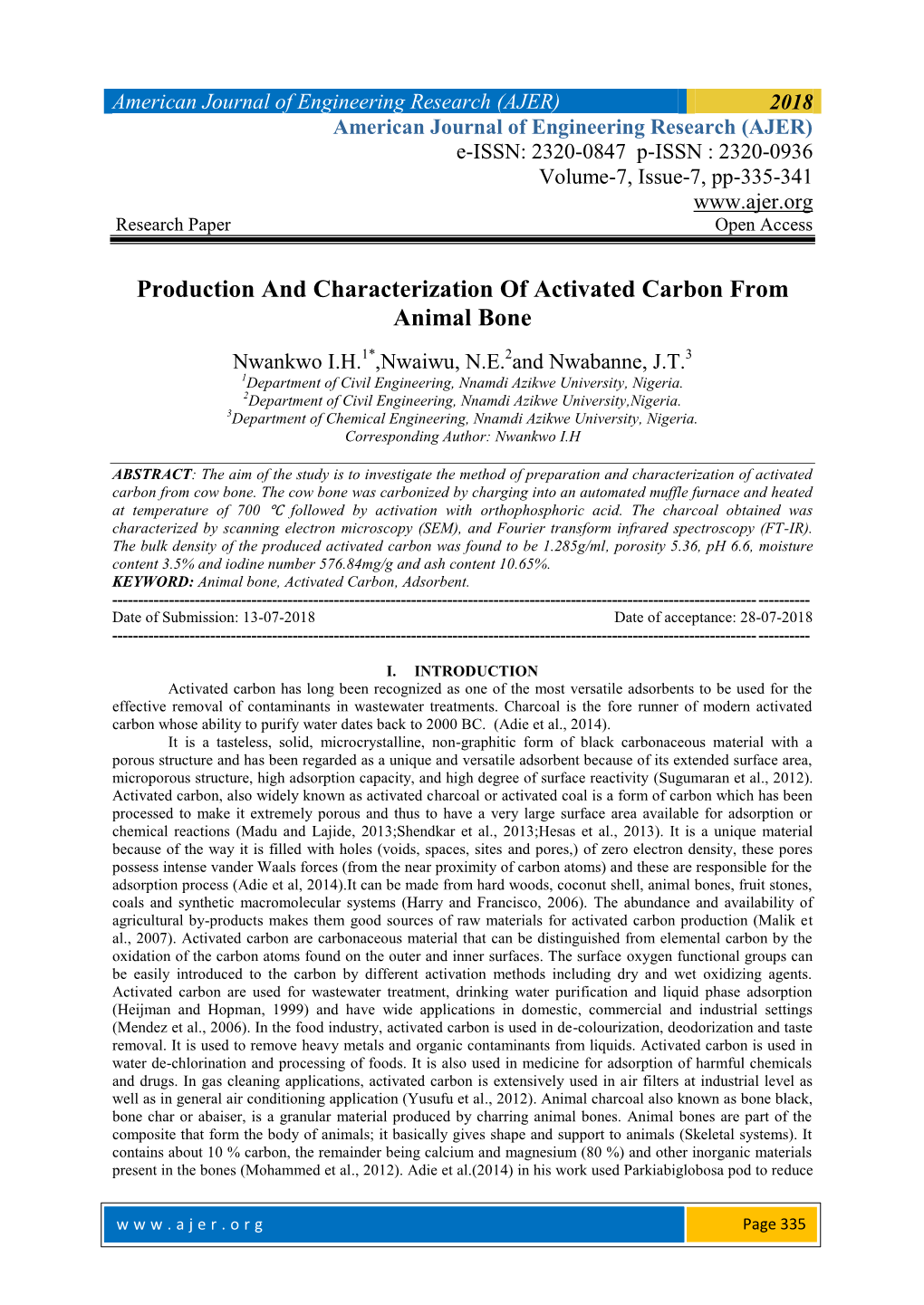 Production and Characterization of Activated Carbon from Animal Bone