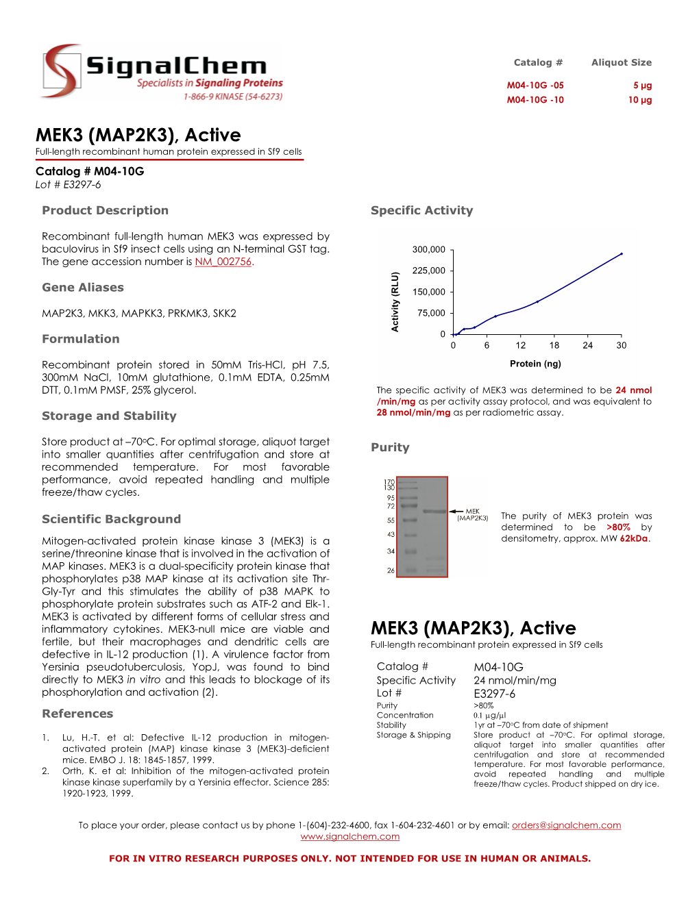 MEK3 (MAP2K3), Active Full-Length Recombinant Human Protein Expressed in Sf9 Cells