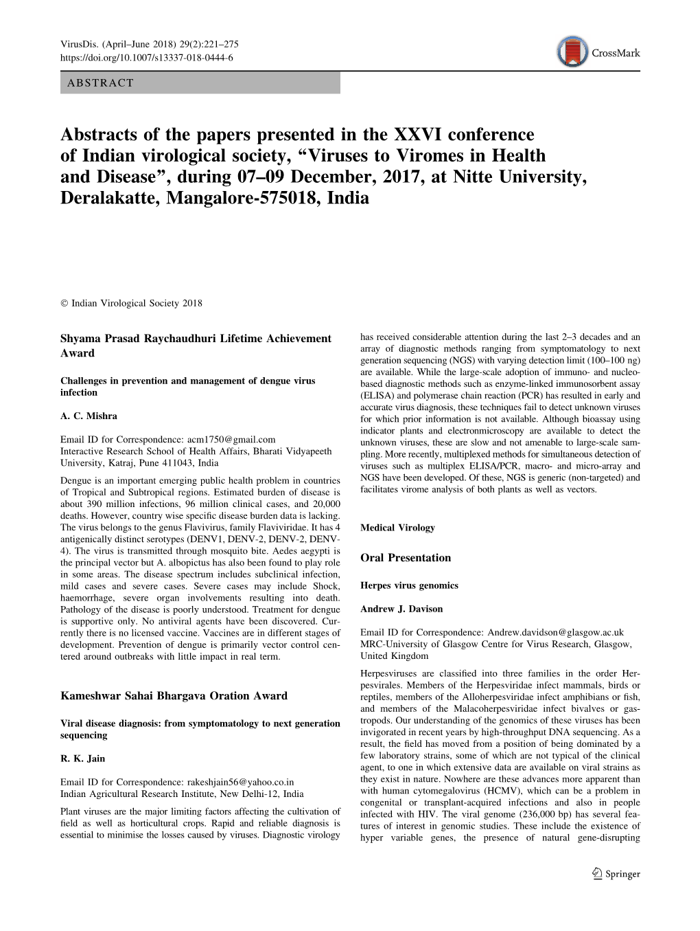 Abstracts of the Papers Presented in the XXVI Conference of Indian