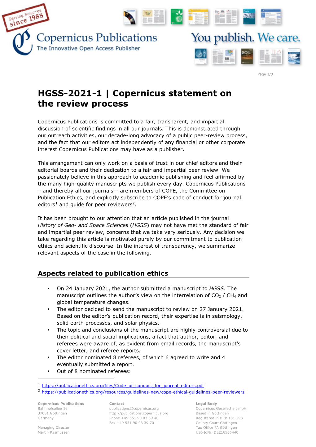 HGSS-2021-1 | Copernicus Statement on the Review Process