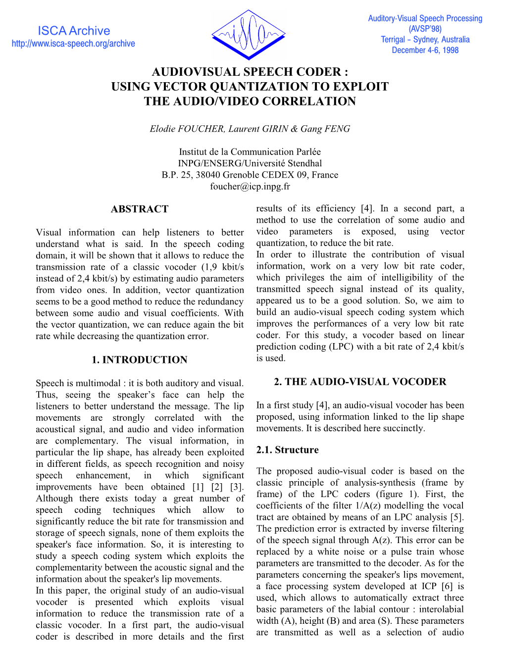 Audiovisual Speech Coder : Using Vector Quantization to Exploit the Audio/Video Correlation