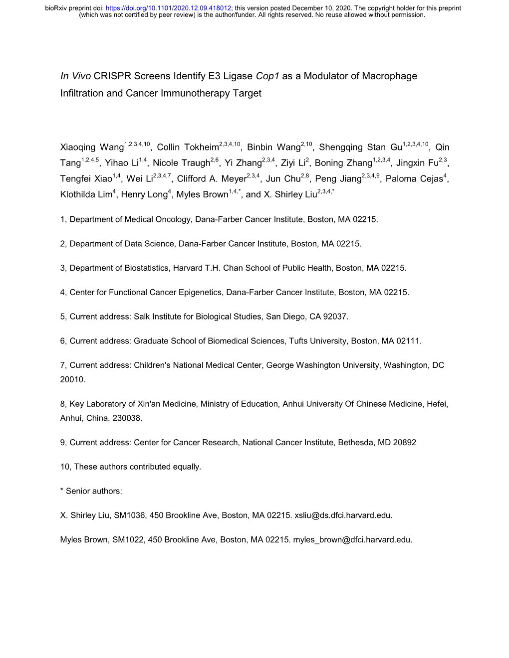 In Vivo CRISPR Screens Identify E3 Ligase Cop1 As a Modulator of Macrophage Infiltration and Cancer Immunotherapy Target