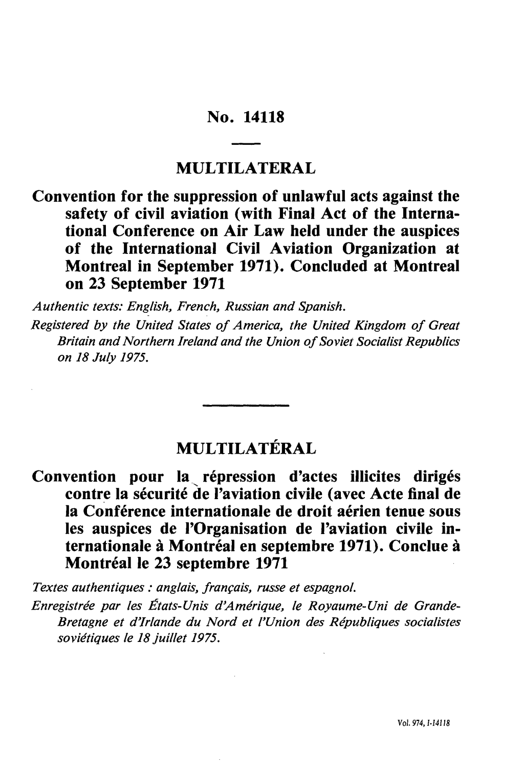 Convention for the Suppression of Unlawful Acts Against the Safety Of