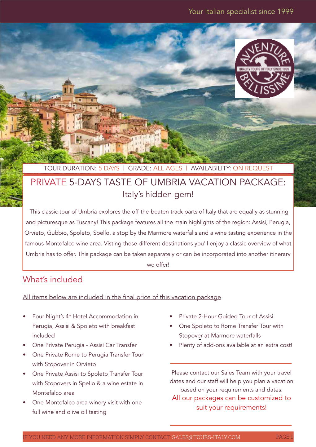PRIVATE 5-DAYS TASTE of UMBRIA VACATION PACKAGE: Italy’S Hidden Gem!