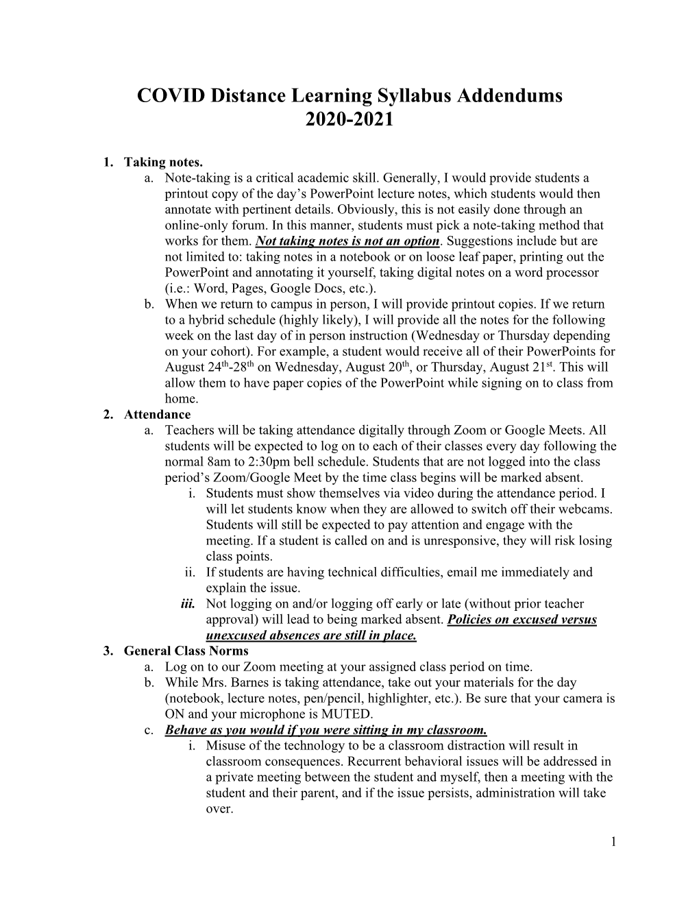 COVID Distance Learning Syllabus Addendums 2020-2021