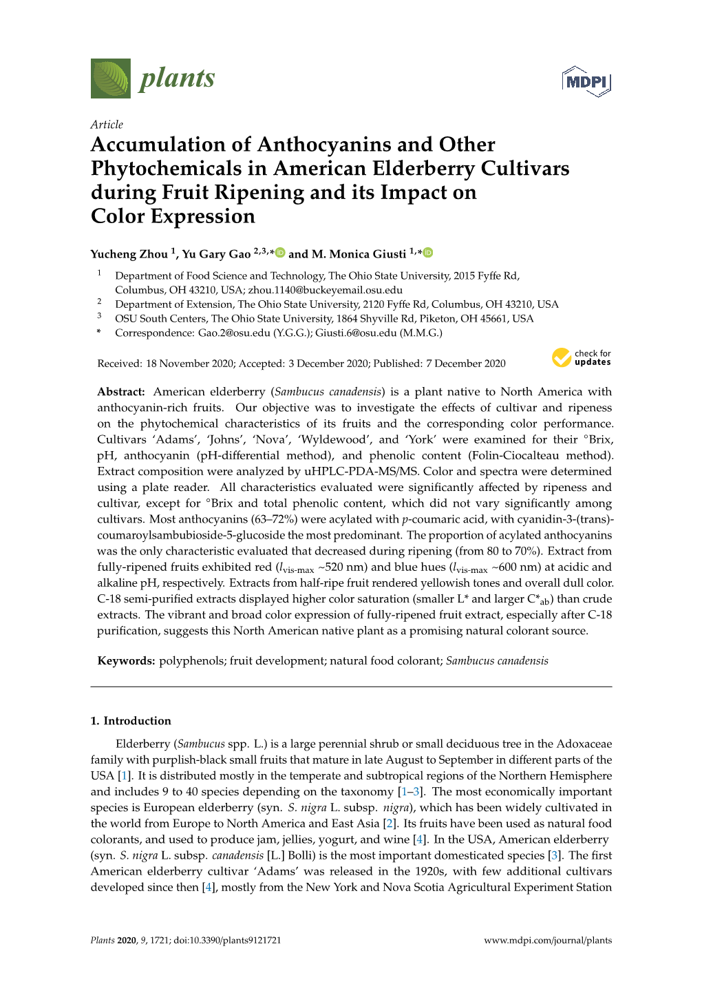 Accumulation of Anthocyanins and Other Phytochemicals in American Elderberry Cultivars During Fruit Ripening and Its Impact on Color Expression