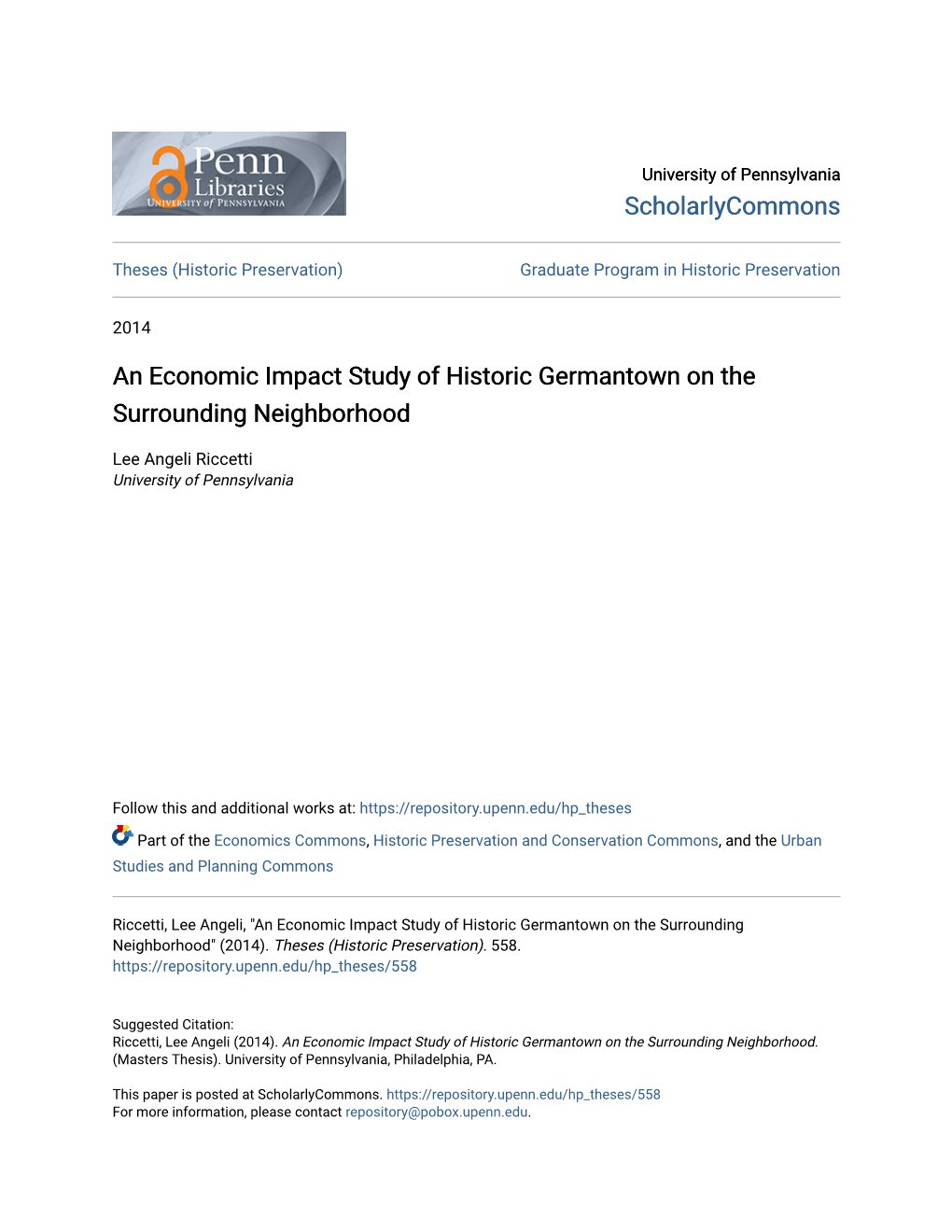 An Economic Impact Study of Historic Germantown on the Surrounding Neighborhood