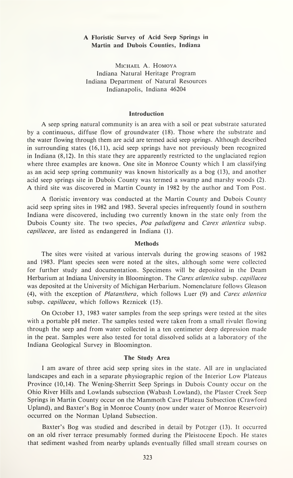 A Floristic Survey of Acid Seep Springs in Martin and Dubois Counties, Indiana