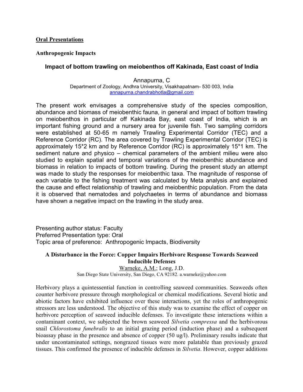 Oral Presentations Anthropogenic Impacts