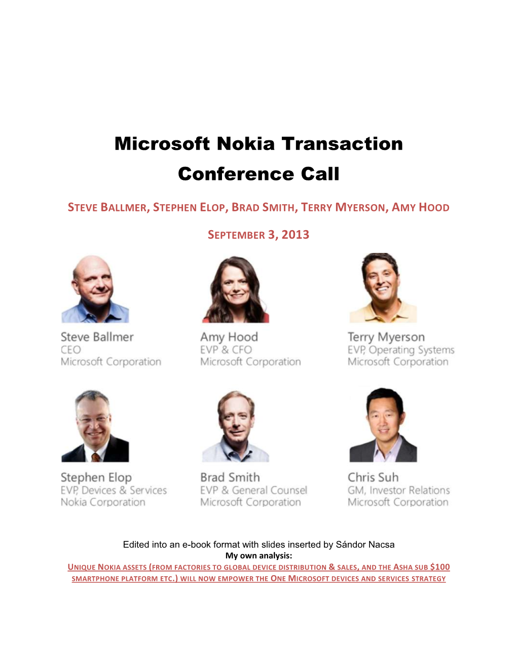 Microsoft Nokia Transaction Conference Call with Slides From