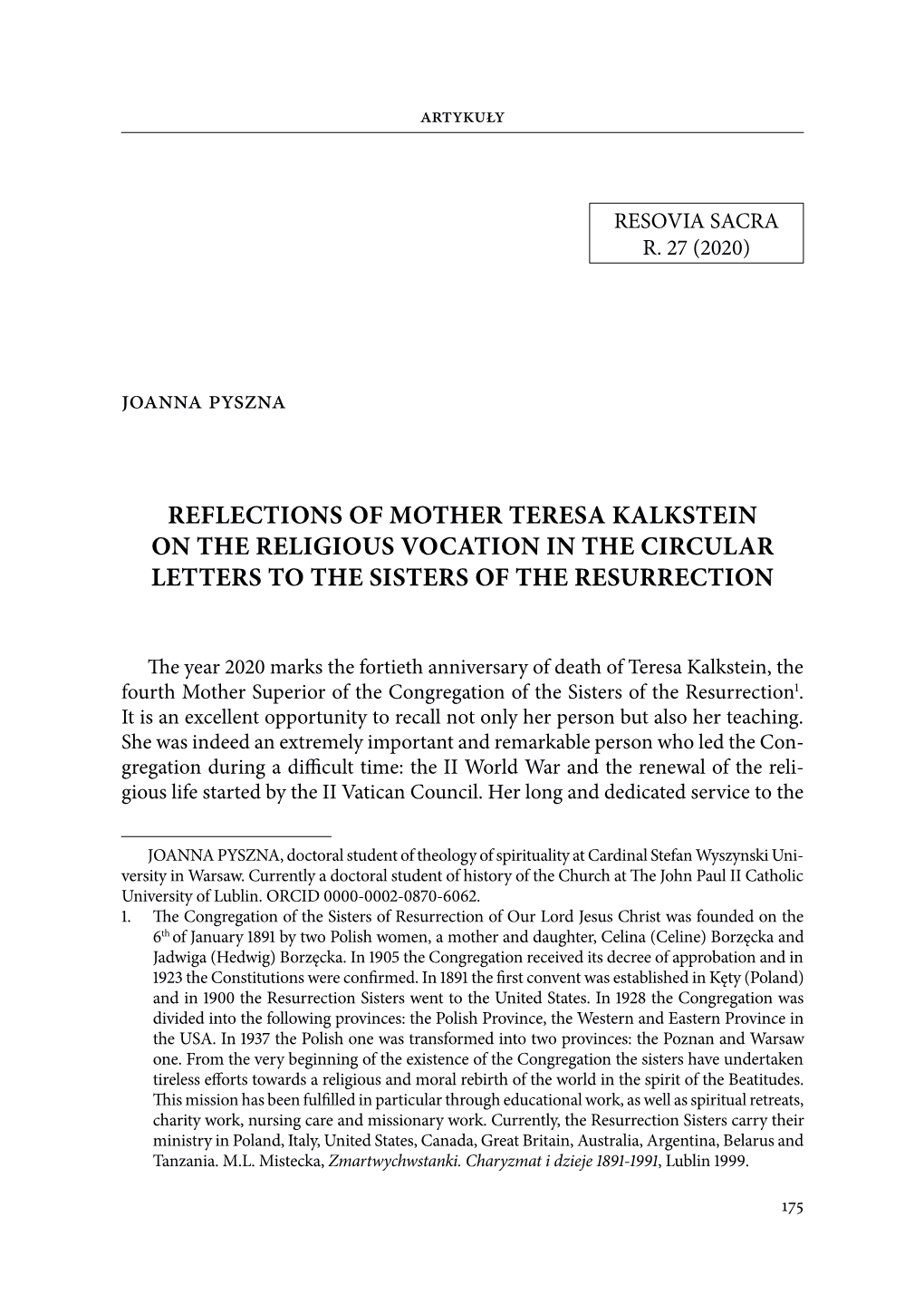 Joanna Pyszna Reflections of Mother Teresa Kalkstein On