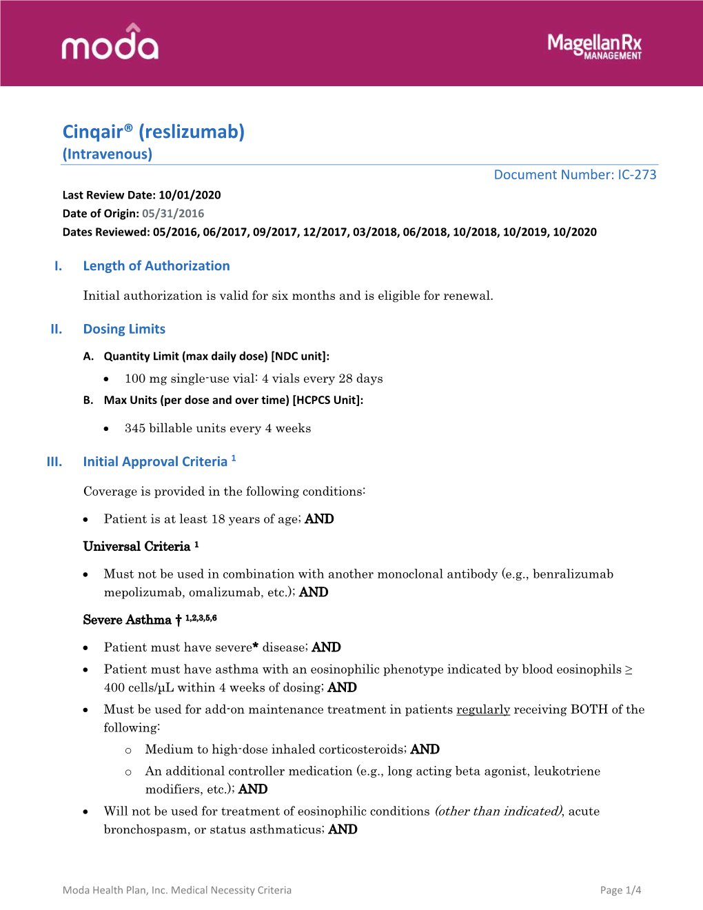 Cinqair® (Reslizumab)