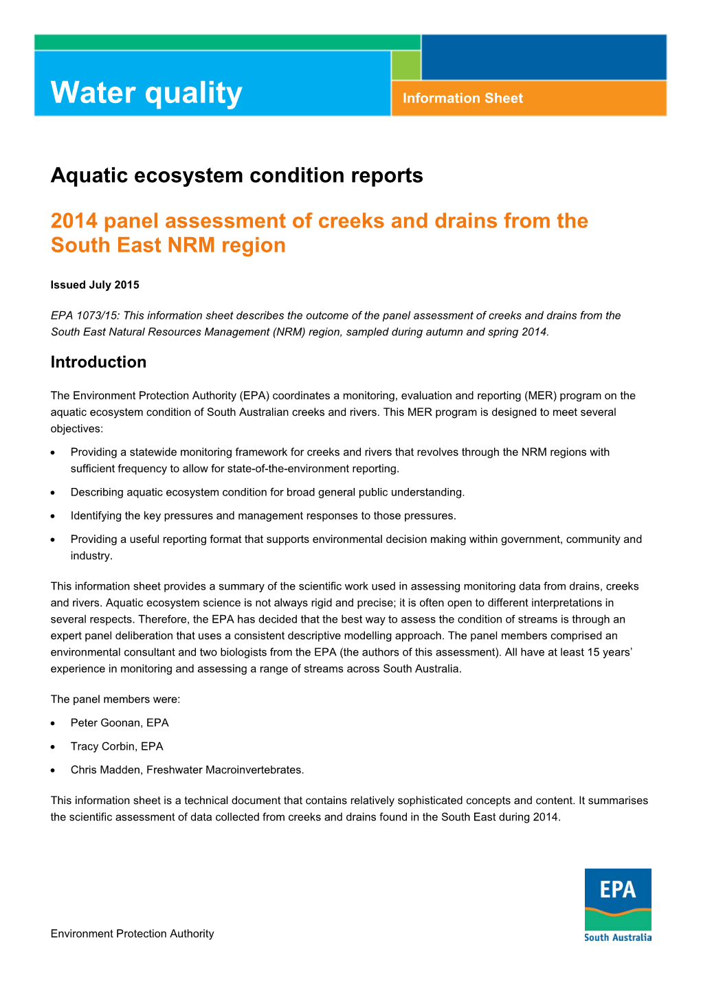 2014 Panel Assessment of Creeks and Drains from the South East NRM Region