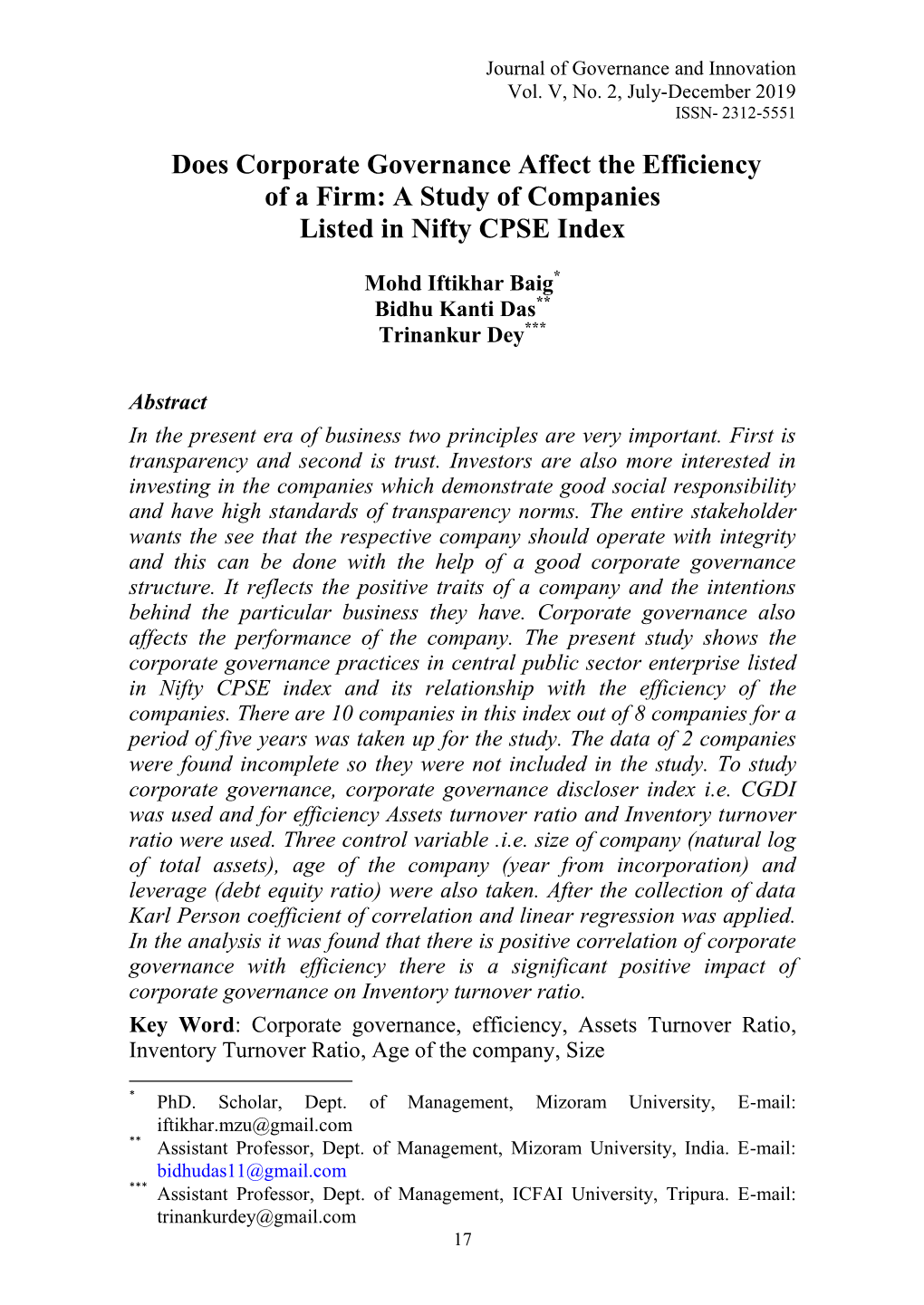 Does Corporate Governance Affect the Efficiency of a Firm: a Study of Companies Listed in Nifty CPSE Index