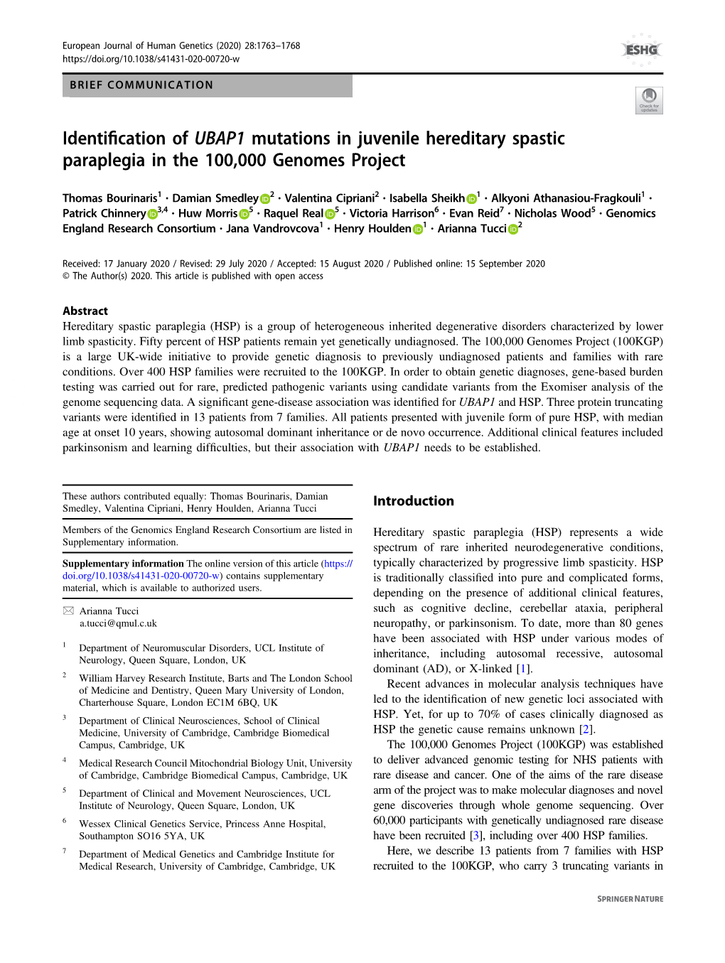 Identification of UBAP1 Mutations in Juvenile Hereditary Spastic