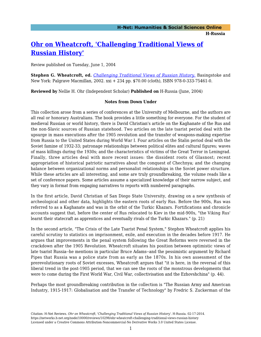 Ohr on Wheatcroft, 'Challenging Traditional Views of Russian History'