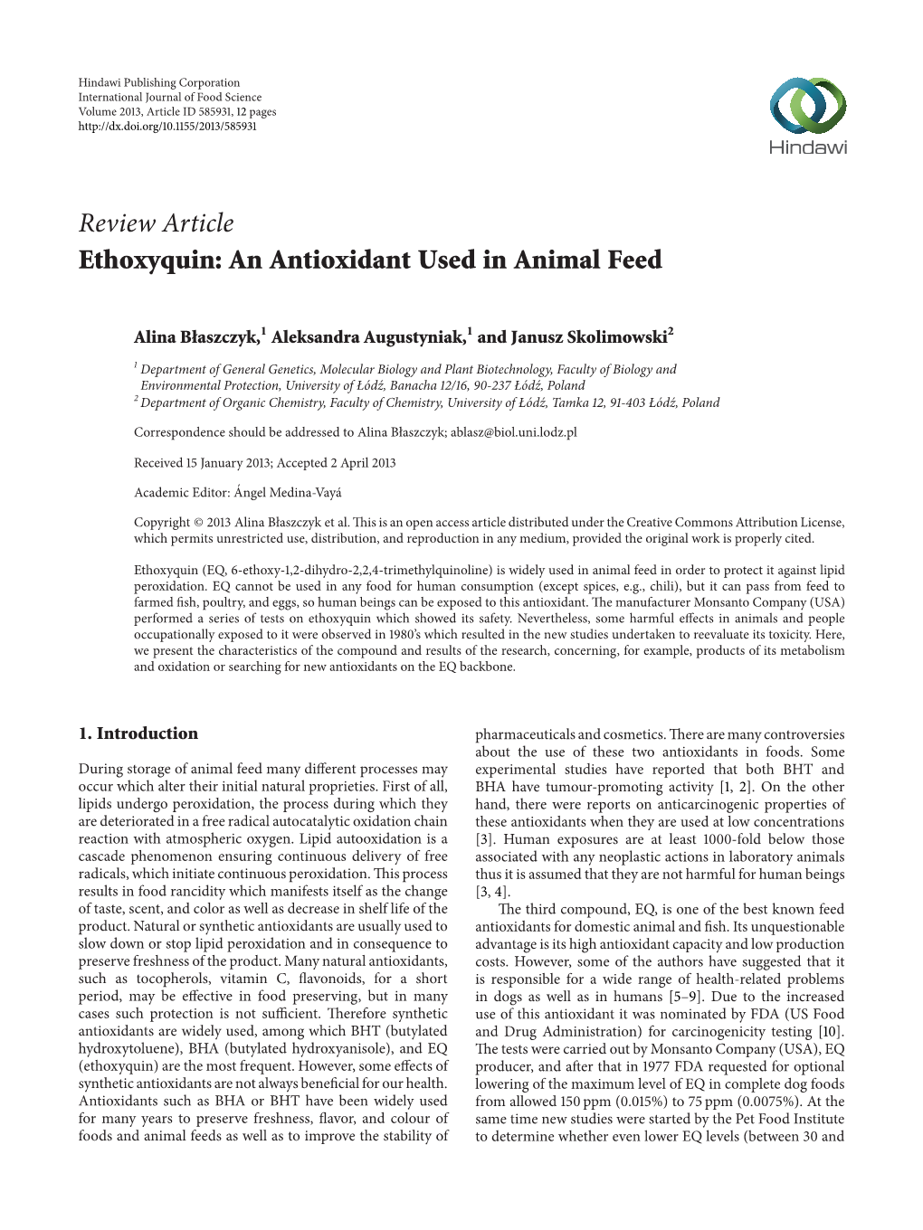 Review Article Ethoxyquin: an Antioxidant Used in Animal Feed