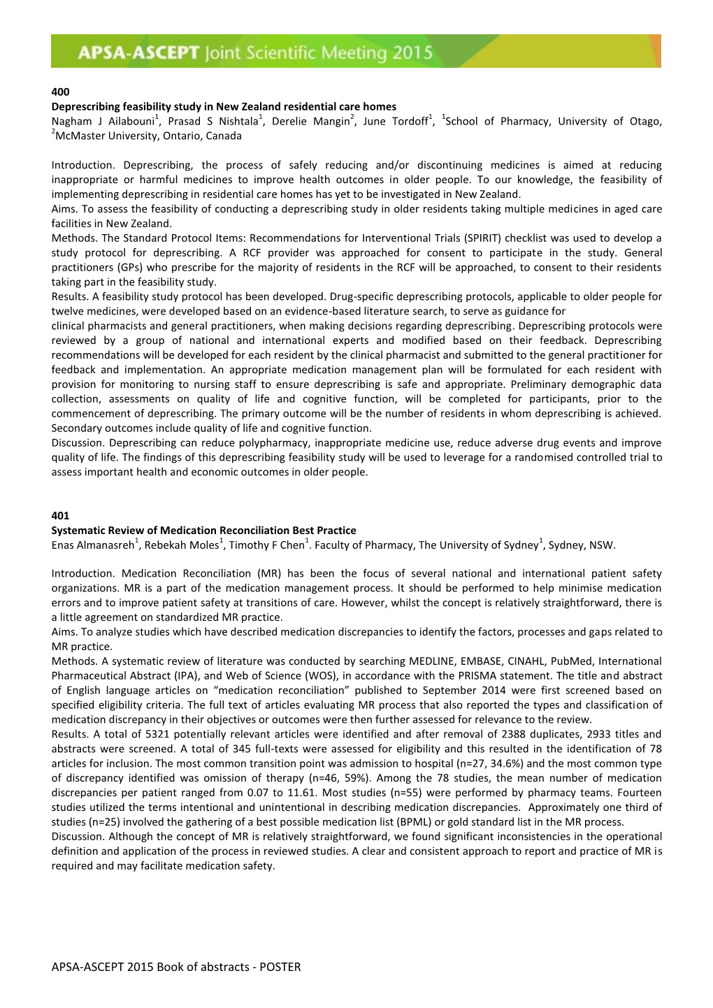 APSA-ASCEPT 2015 Book of Abstracts - POSTER