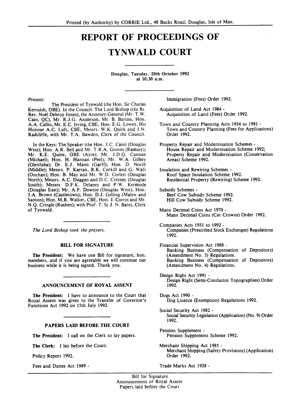 Report of Proceedings of Tynwald Court