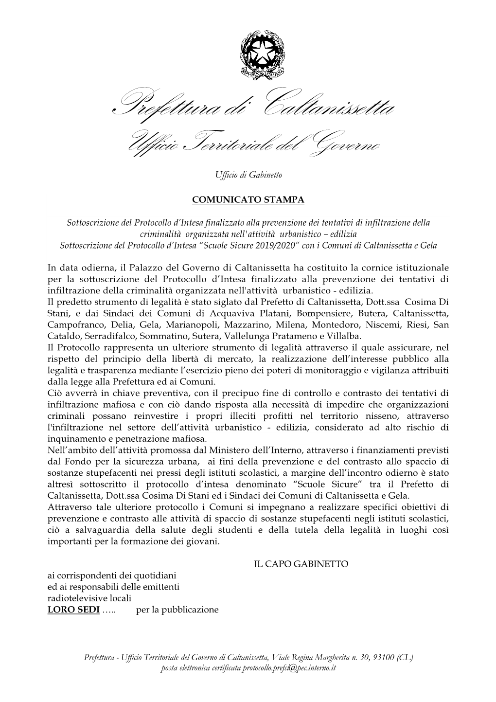 Prefettura Di Caltanissetta Ufficio Territoriale Del Governo