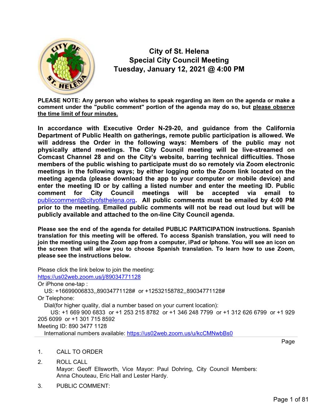 Special City Council Meeting Tuesday, January 12, 2021 @ 4:00 PM