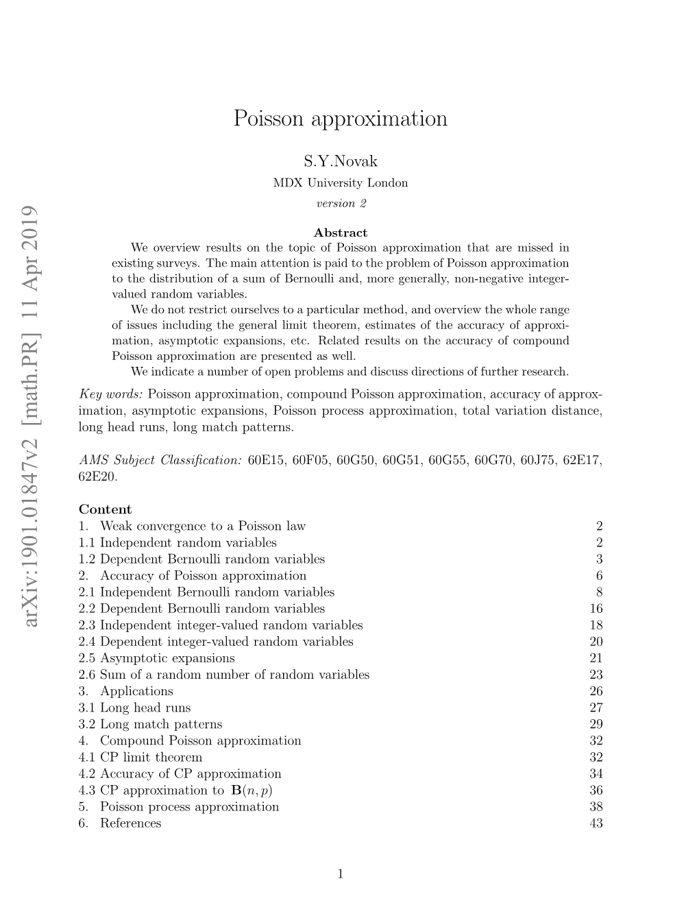 Arxiv:1901.01847V2 [Math.PR] 11 Apr 2019 Poisson Approximation