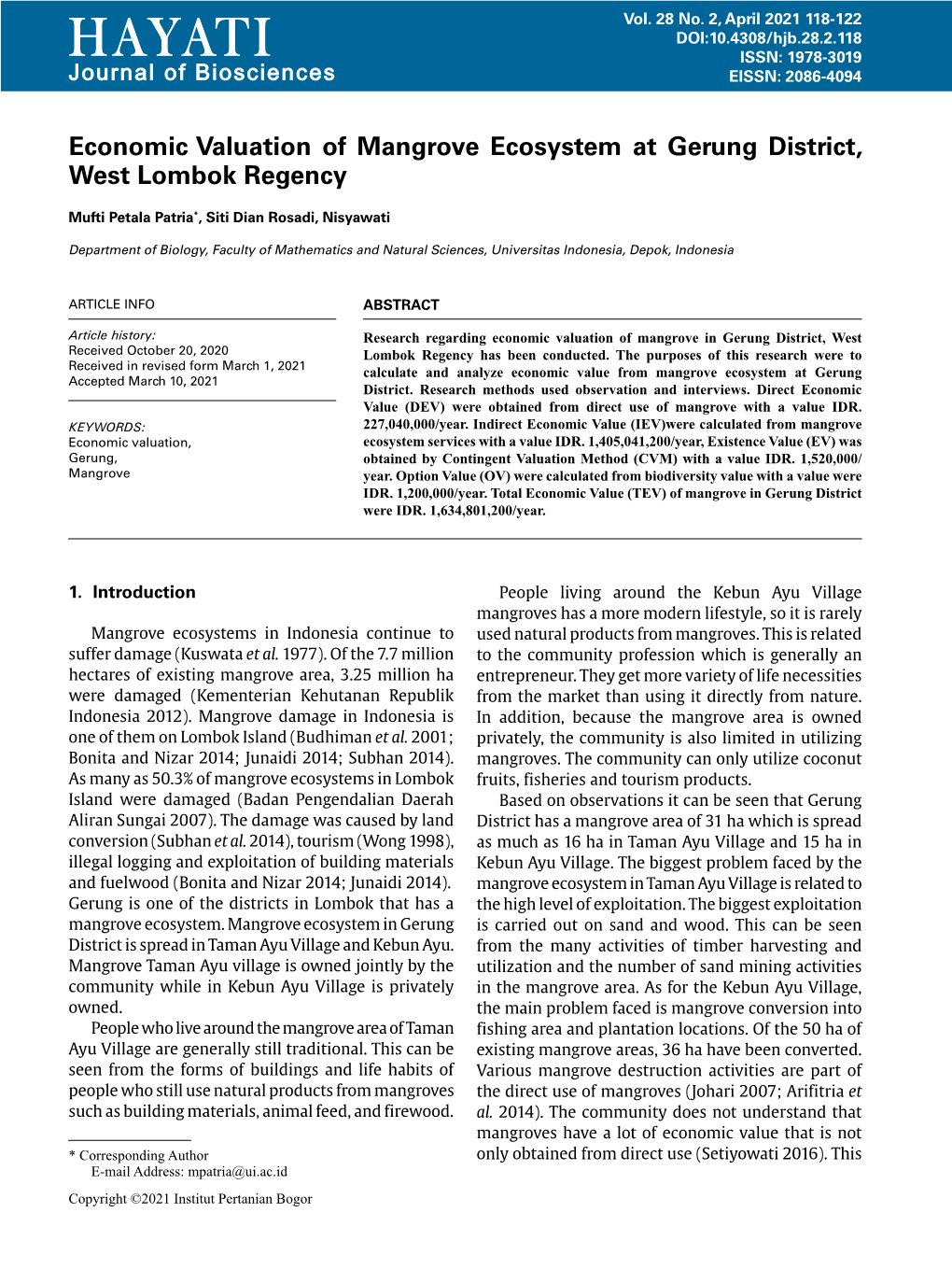 H a Y at I ISSN: 1978-3019 Journal of Biosciences EISSN: 2086-4094