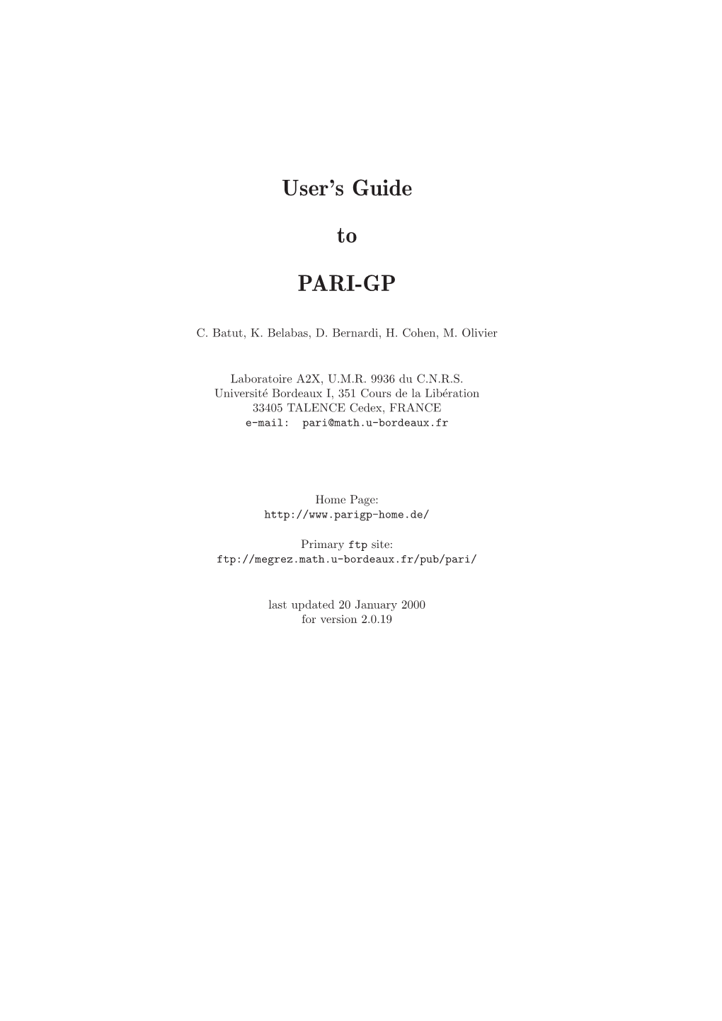 User's Guide to Pari-GP