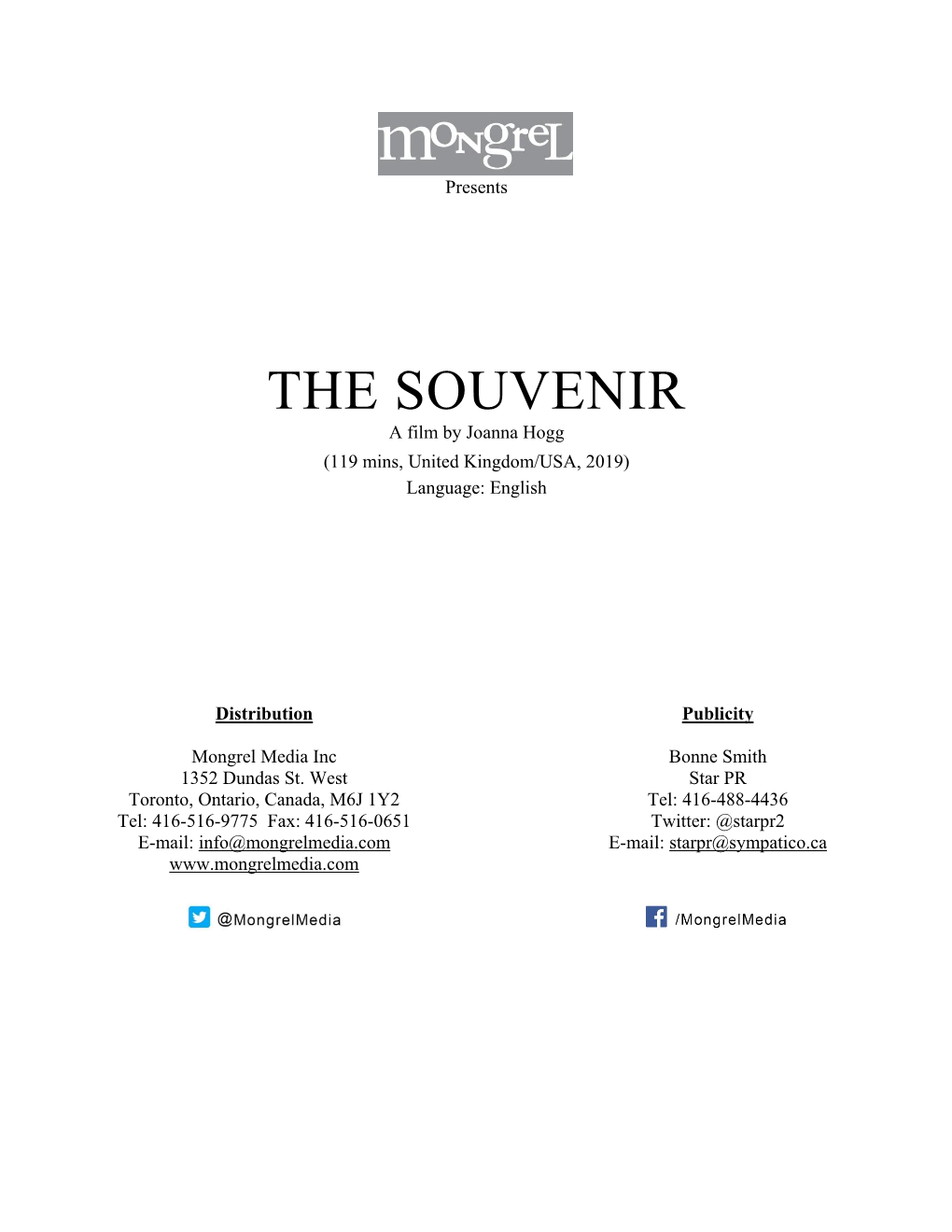 THE SOUVENIR a Film by Joanna Hogg (119 Mins, United Kingdom/USA, 2019) Language: English