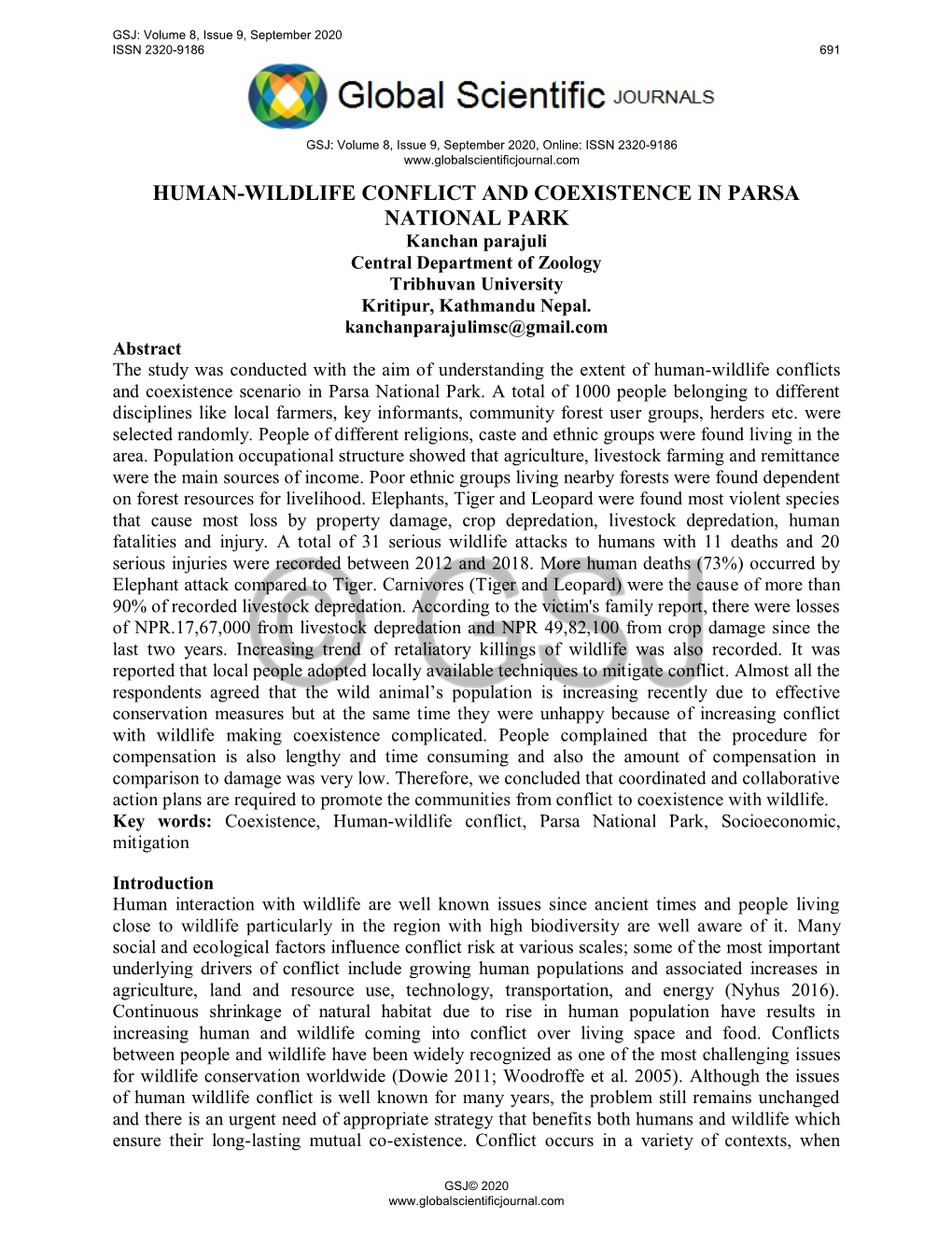 HUMAN-WILDLIFE CONFLICT and COEXISTENCE in PARSA NATIONAL PARK Kanchan Parajuli Central Department of Zoology Tribhuvan University Kritipur, Kathmandu Nepal