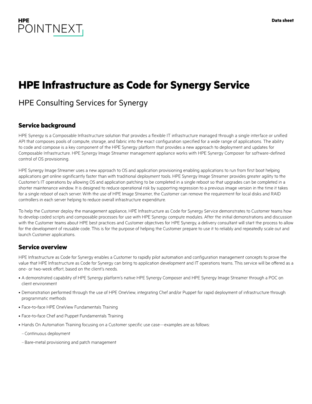 HPE Infrastructure As Code for Synergy Service HPE Consulting Services for Synergy