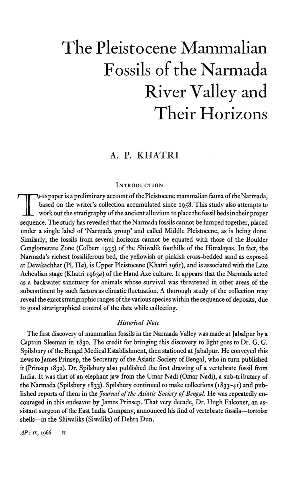 The Pleistocene Mammalian Fossils of the Narmada River Valley and Their Horizons