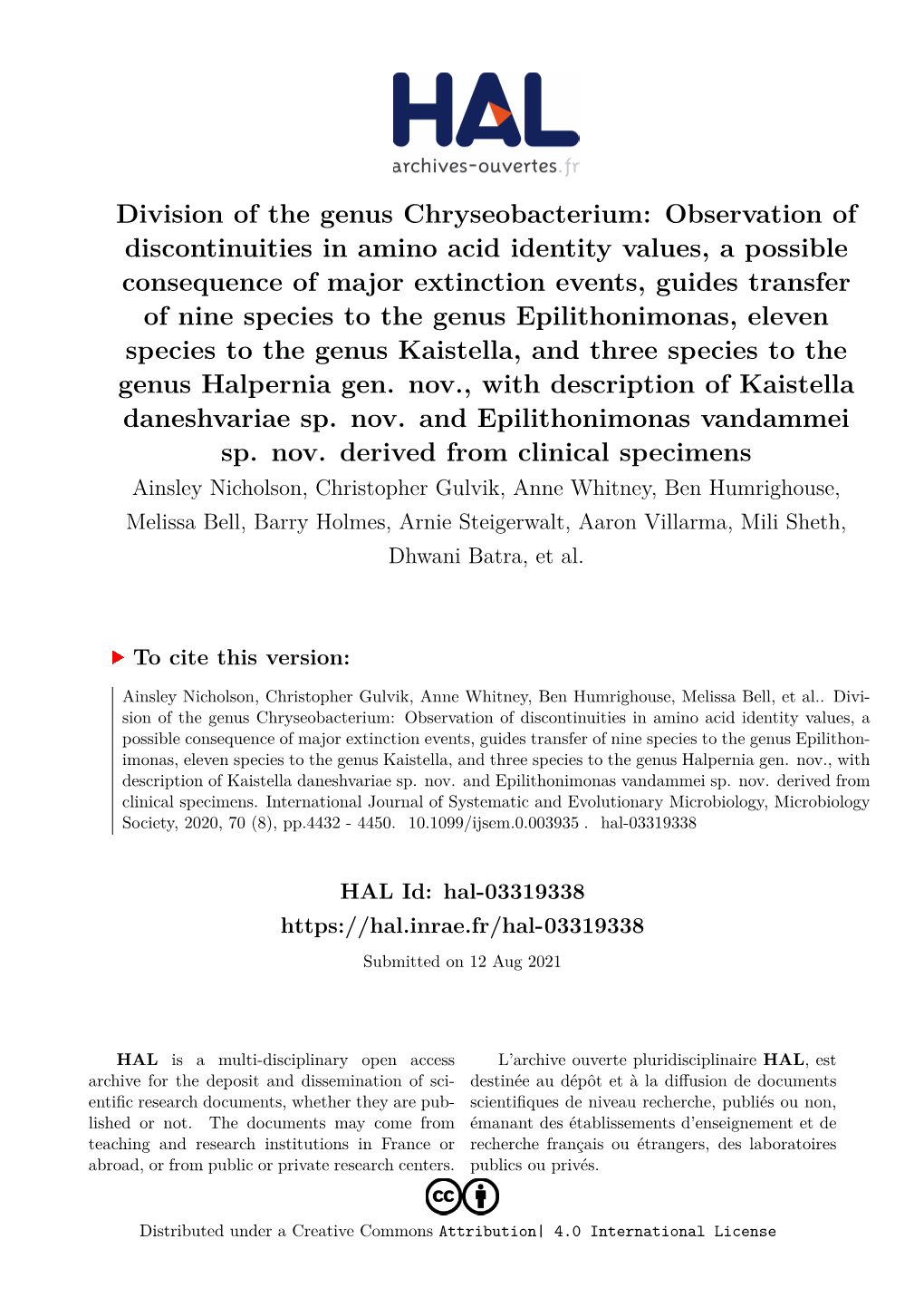 Division of the Genus Chryseobacterium