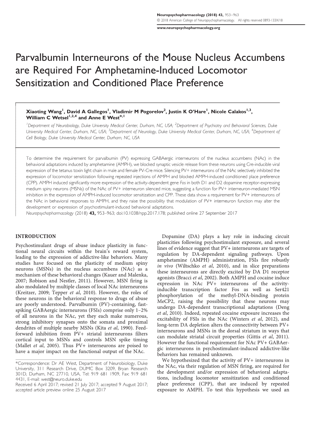 Parvalbumin Interneurons of the Mouse Nucleus Accumbens Are Required for Amphetamine-Induced Locomotor Sensitization and Conditioned Place Preference