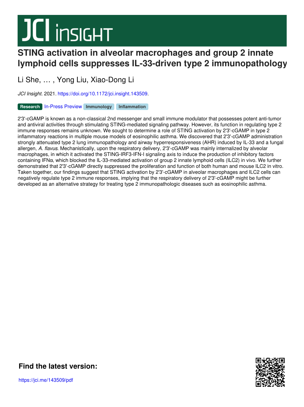 STING Activation in Alveolar Macrophages and Group 2 Innate Lymphoid Cells Suppresses IL-33-Driven Type 2 Immunopathology